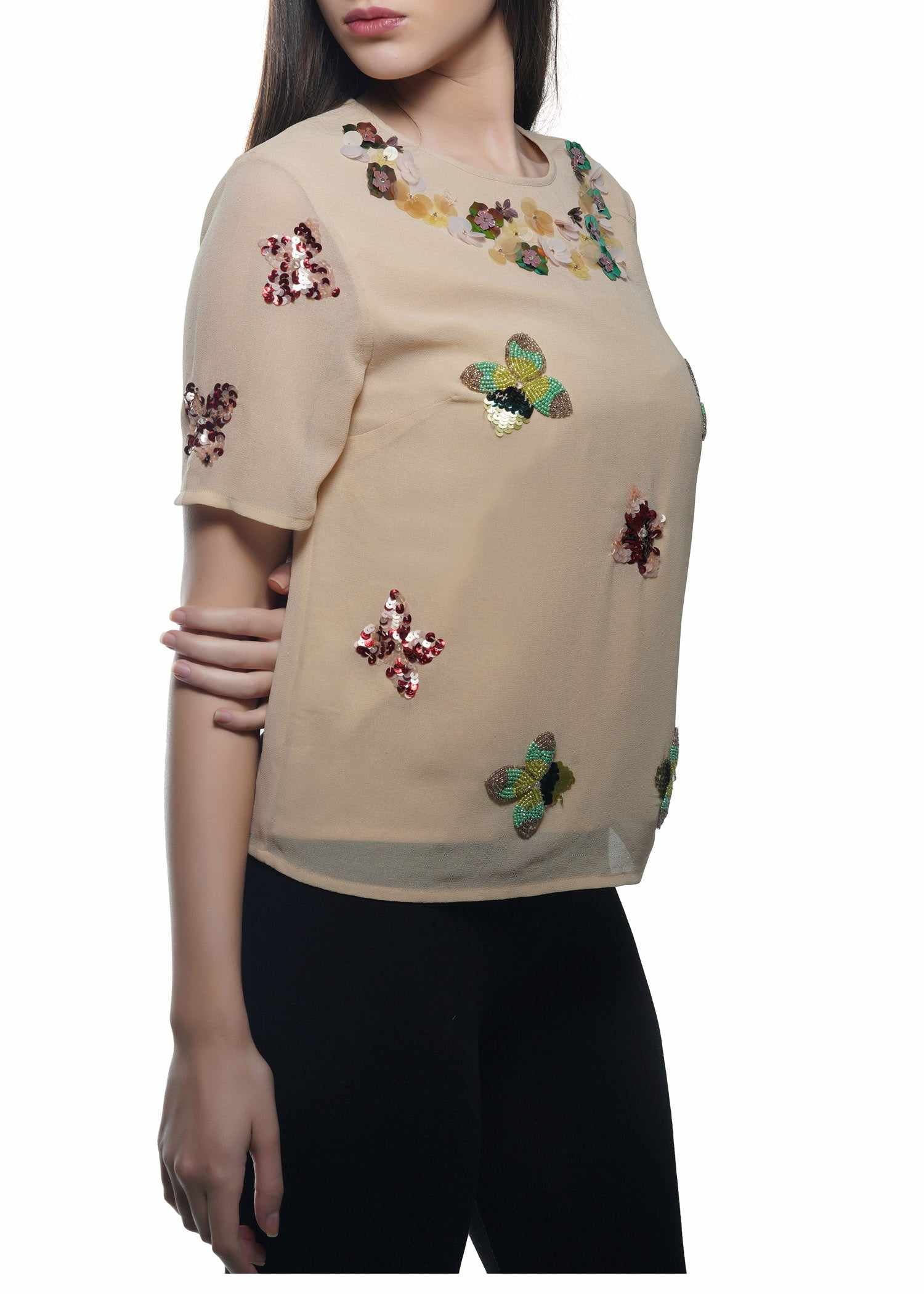 floral embroidery beige top