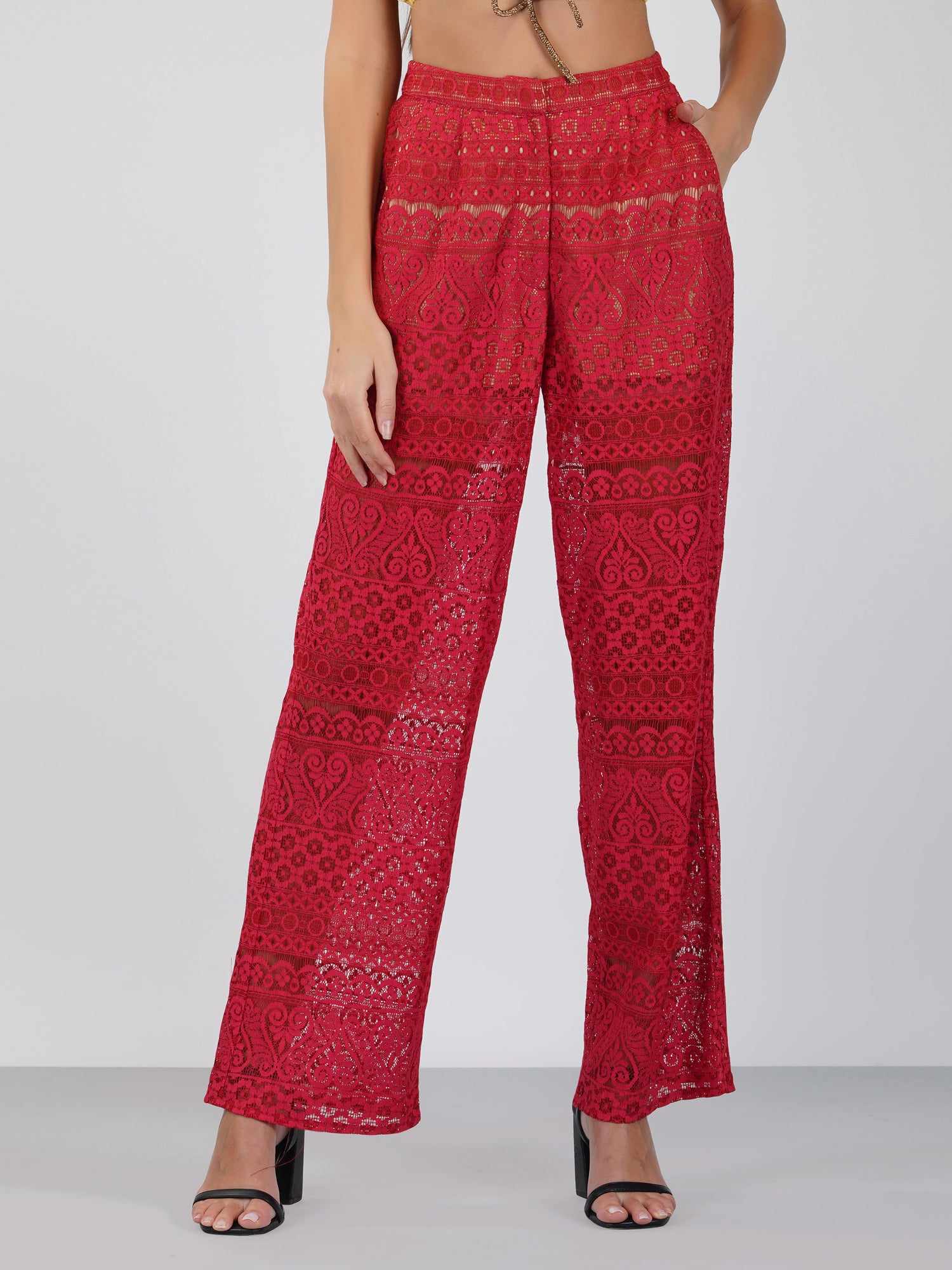 red lace wide leg pants