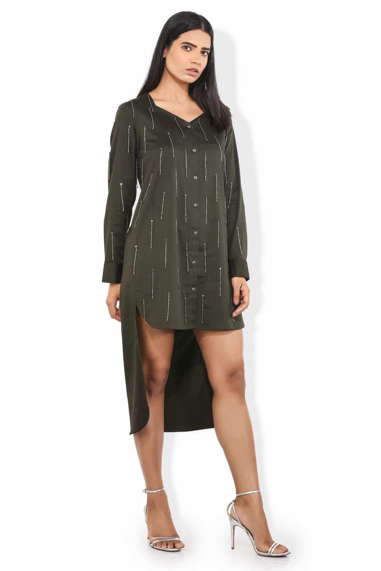 olivia fern green silver sequin tassels high low shirt dress