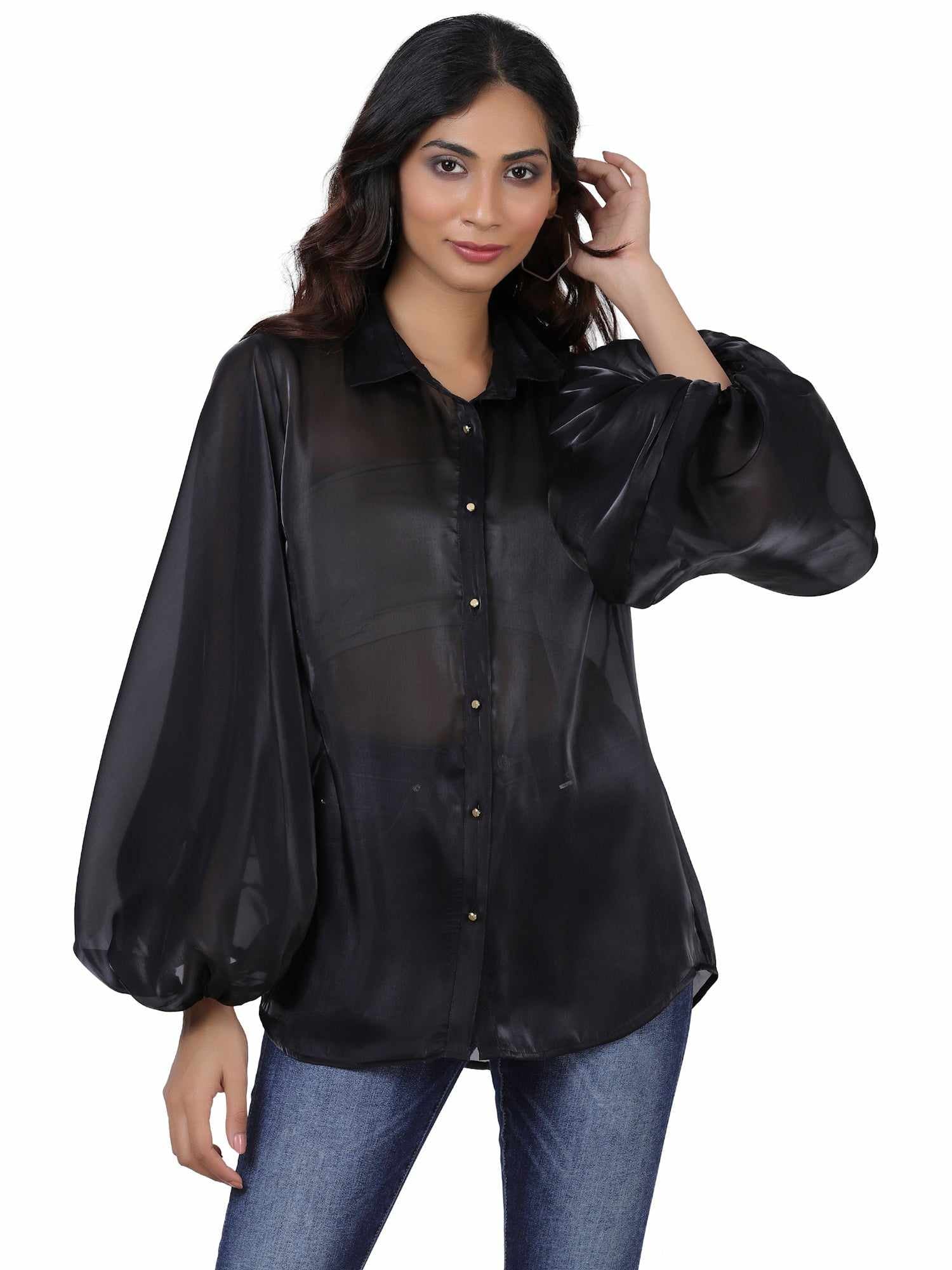 black billowy sleeved glass organza top