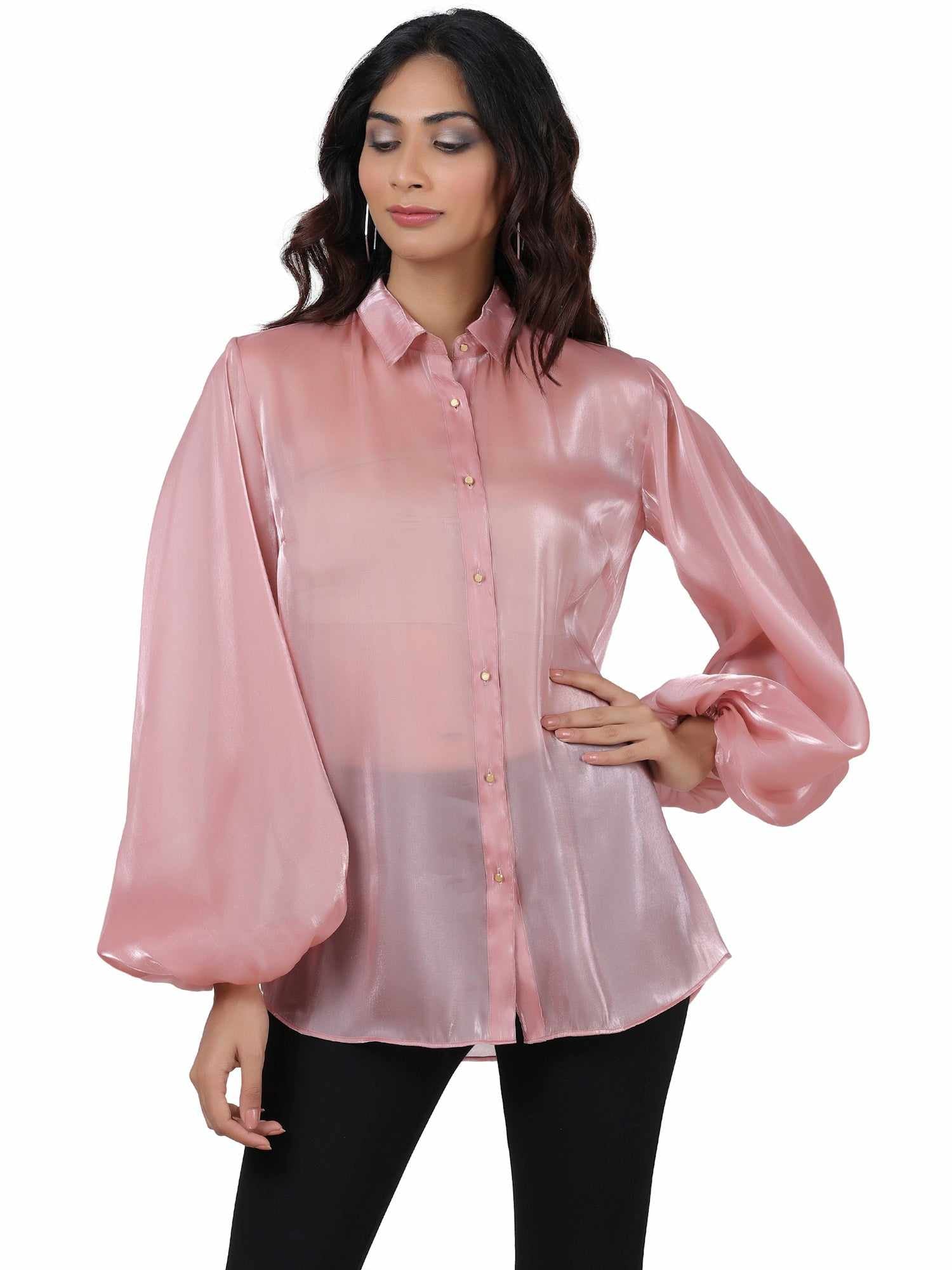 black billowy sleeved glass organza top