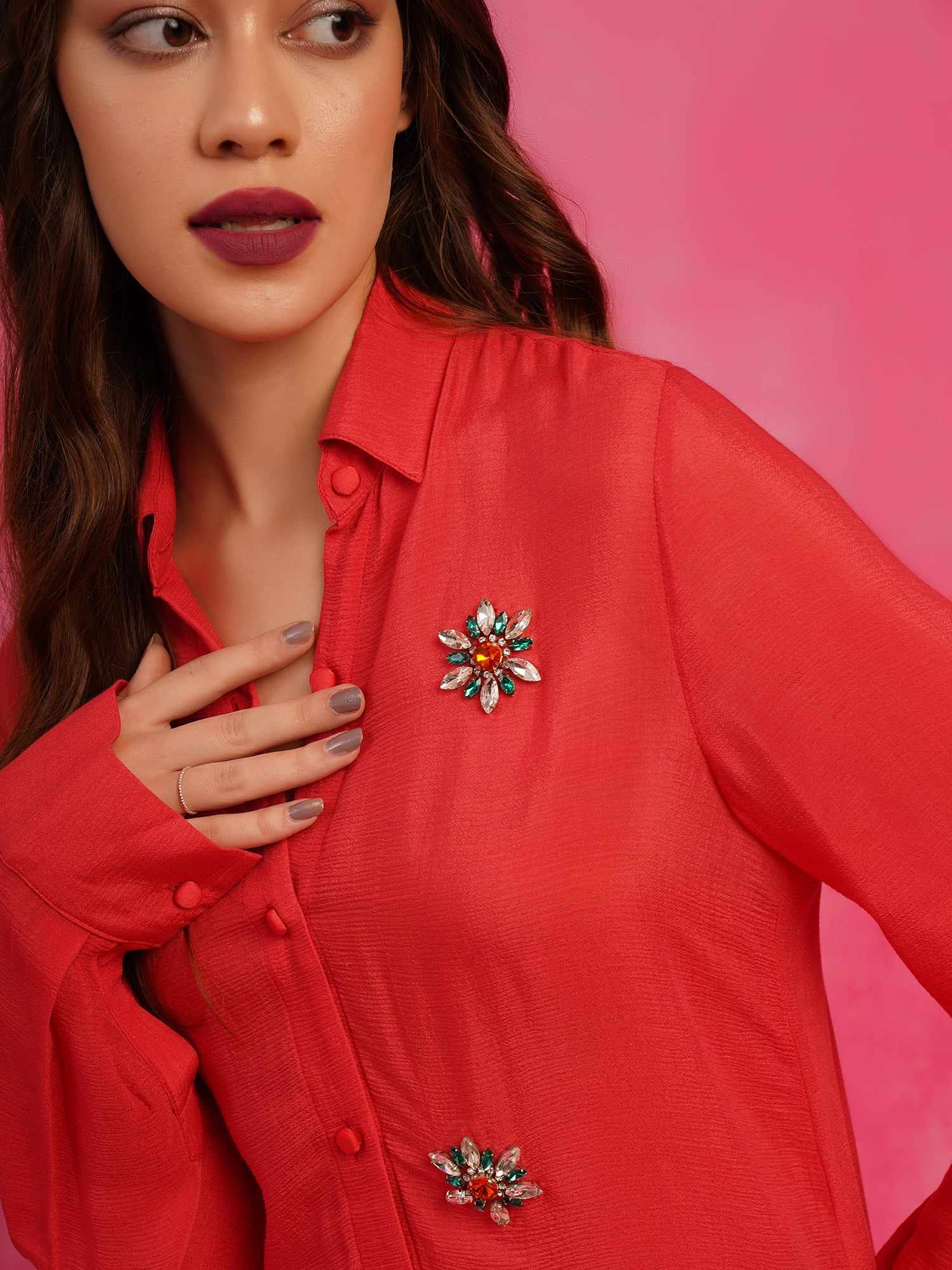 deluxe multi shade embellished red shirt