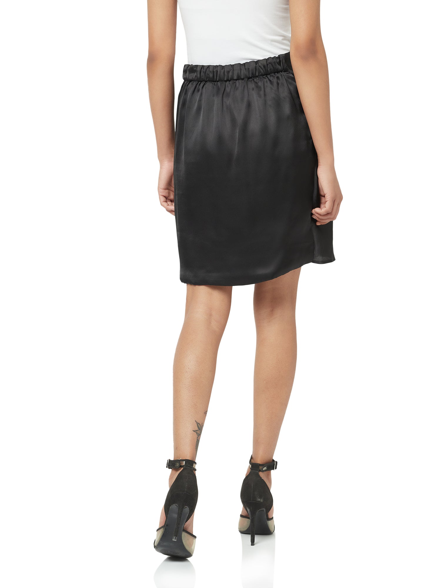shiny satin black pleated wrap skirt