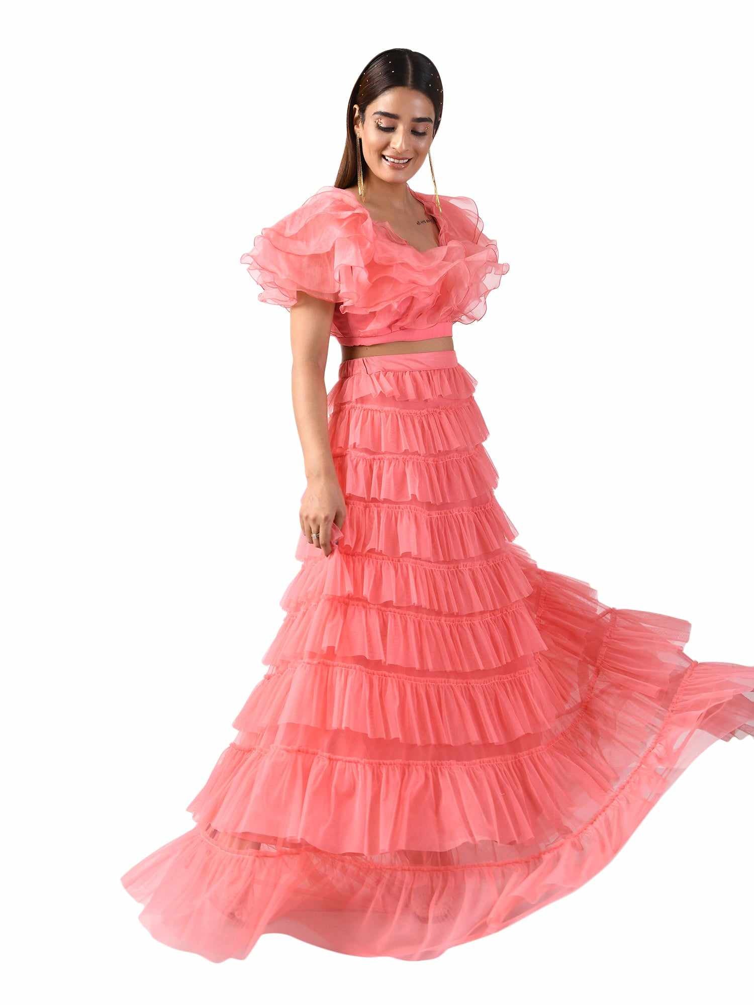 pink ruffles long skirt