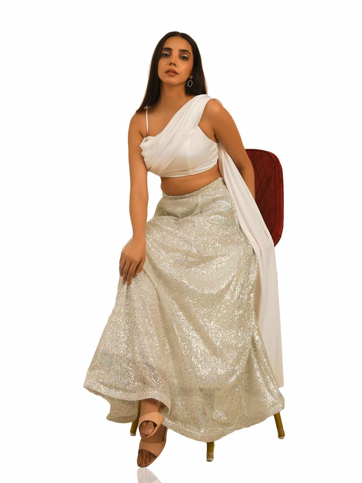 sequined tulle floor length white skirt