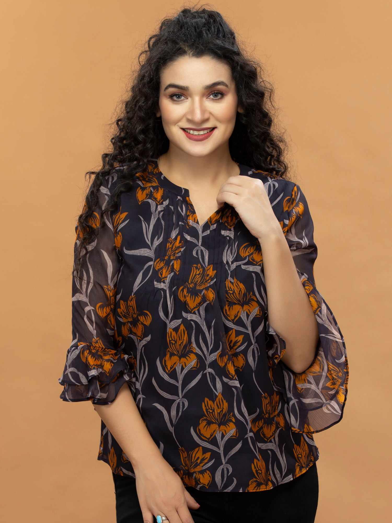 front pleated printed top