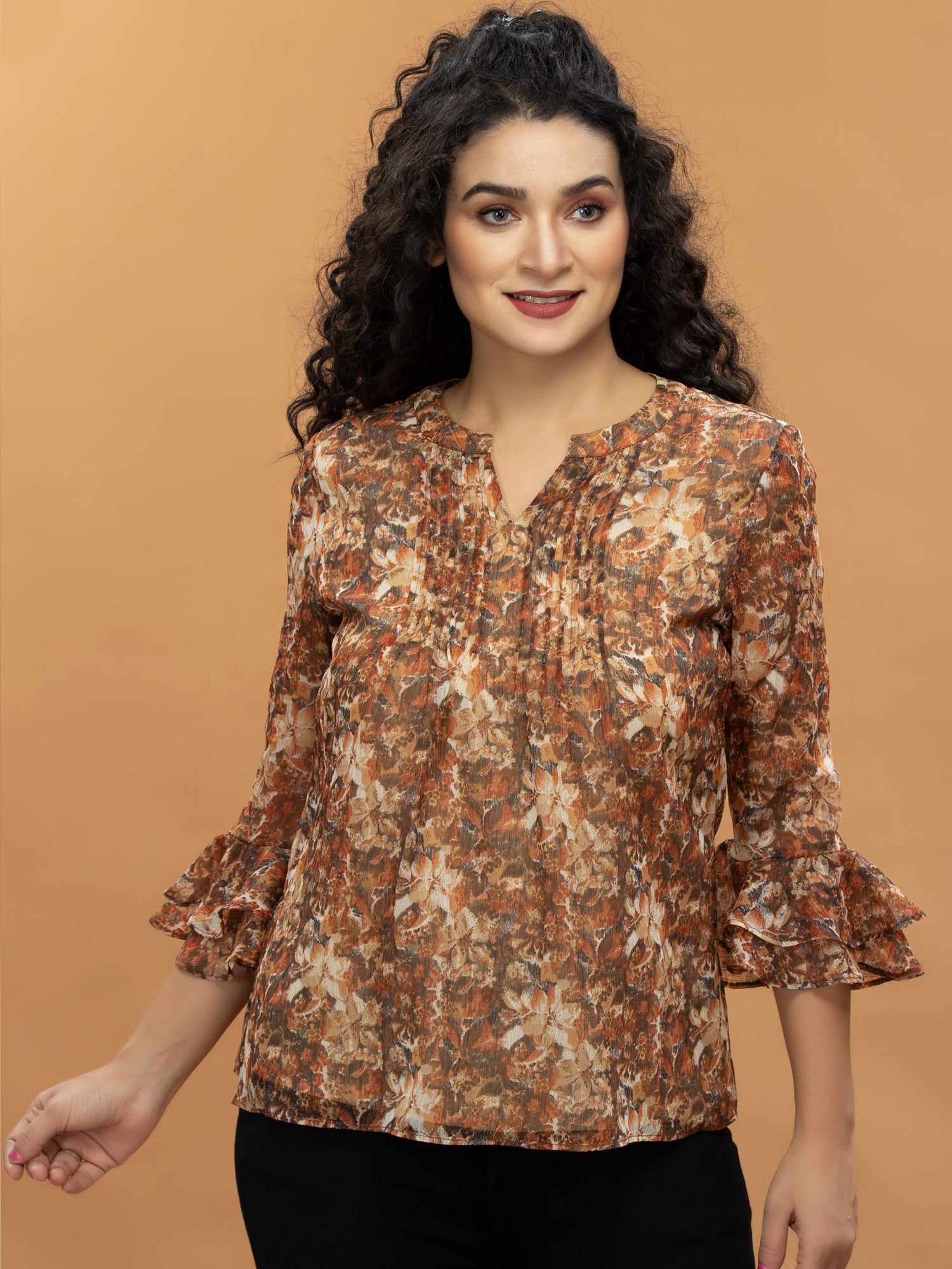 front pleated printed top