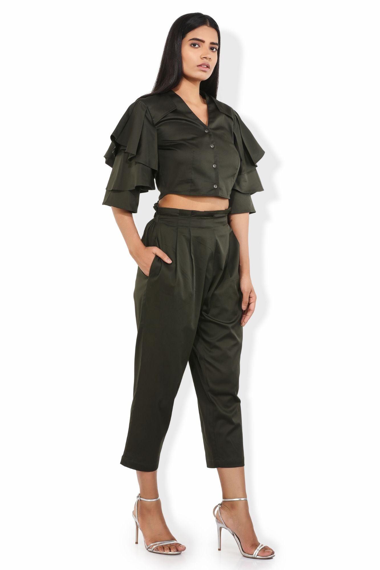 fern green flouncy ruffled sleeves v neck crop blouse
