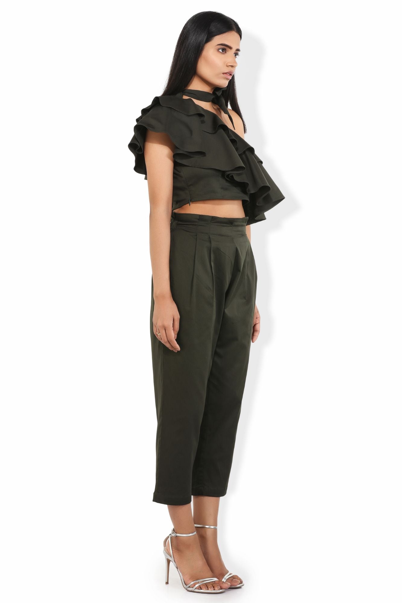 off shoulder fern green ruffled crop blouse with neck bow tie