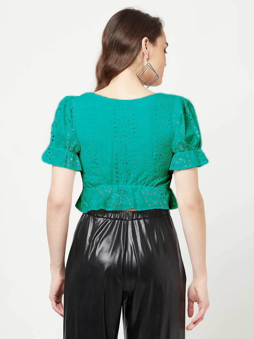 green schiffli top with front ruche