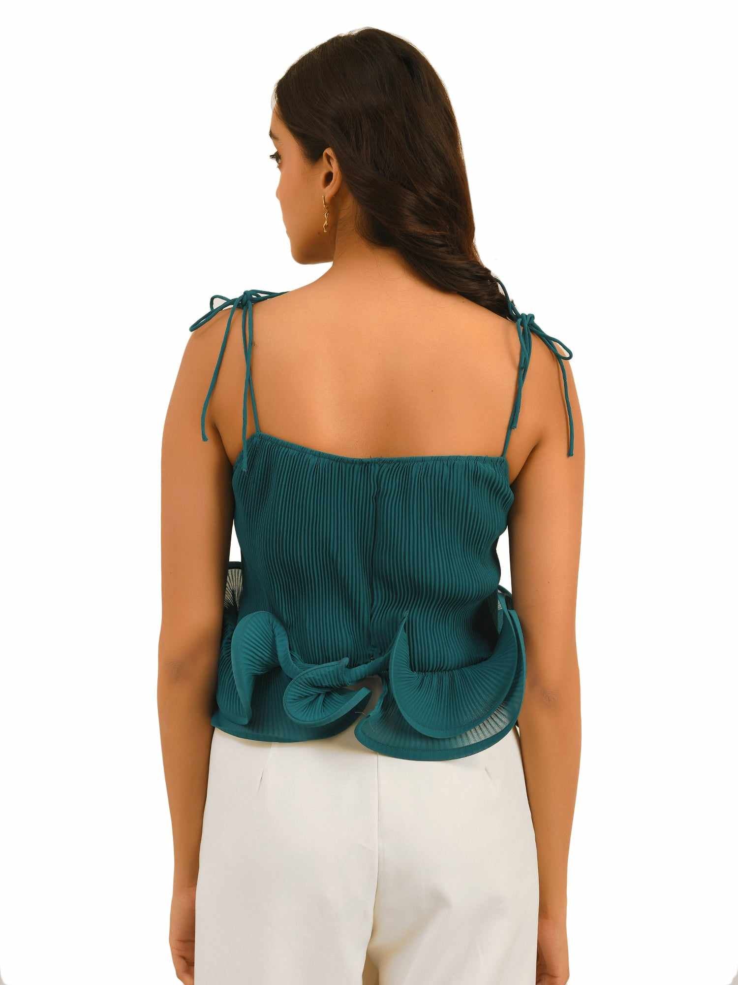 resort vacay top with dramatic hem ruffle