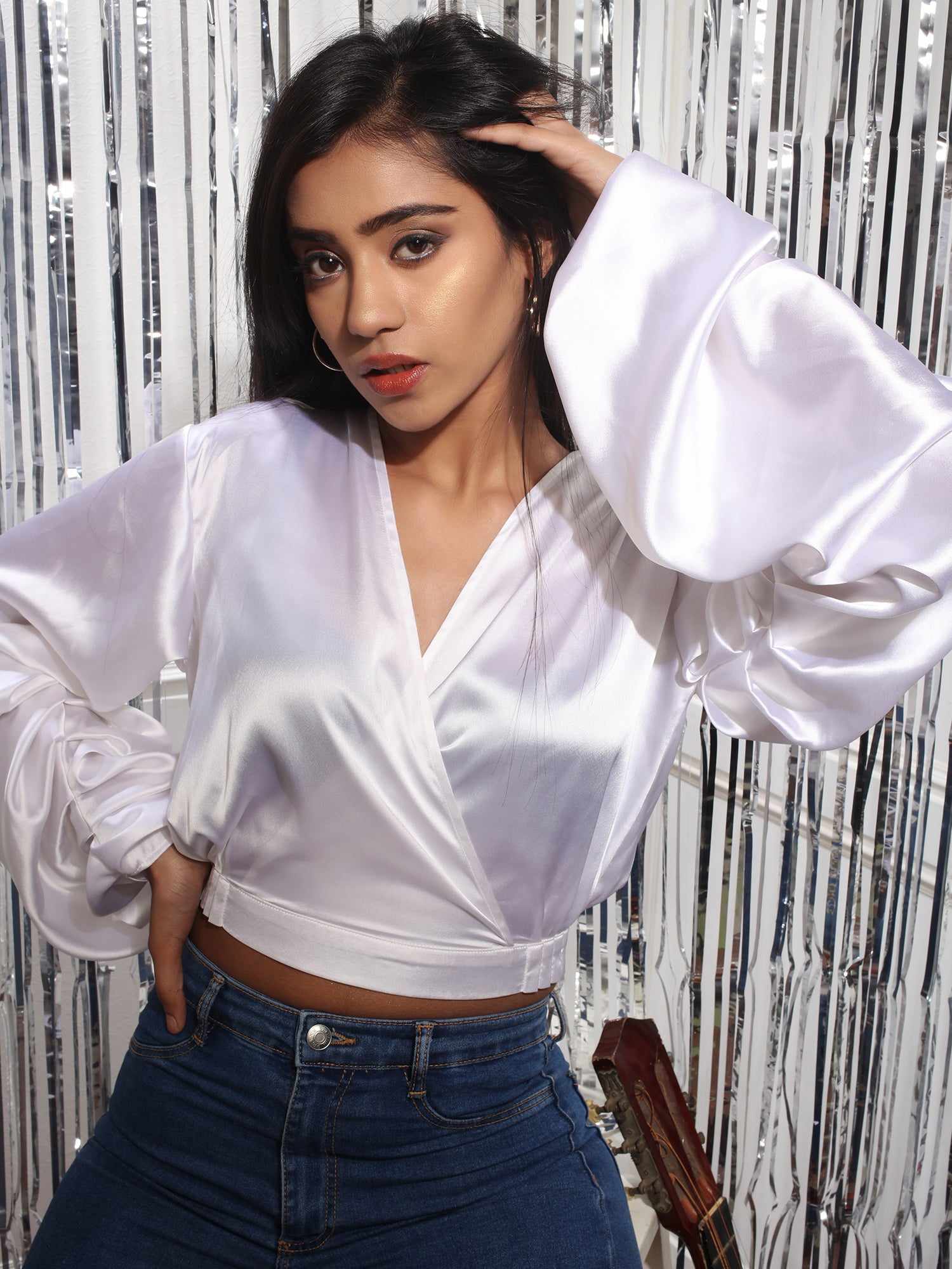 folksy pearl white satiny crop top