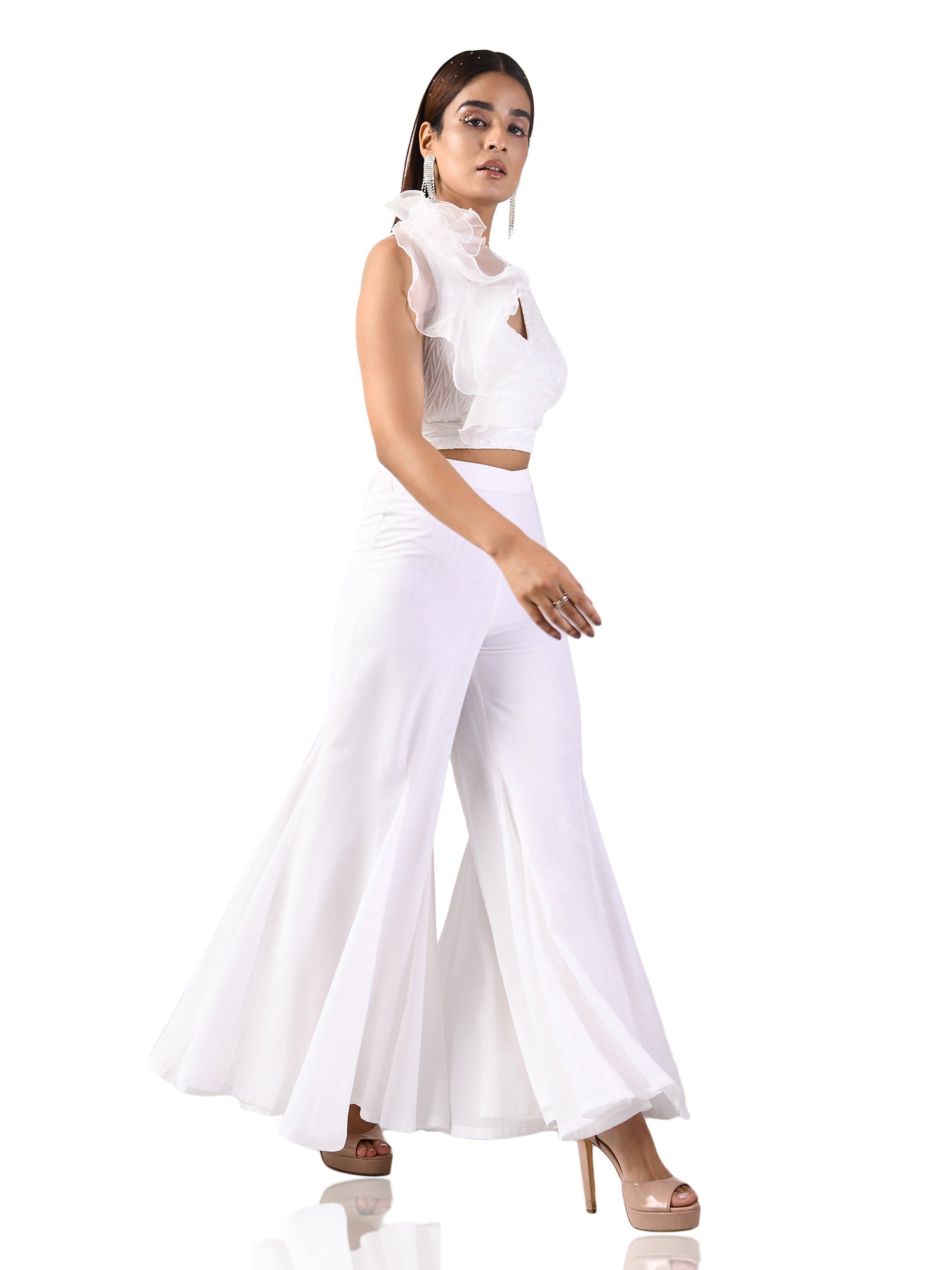 one shoulder ruffles white top