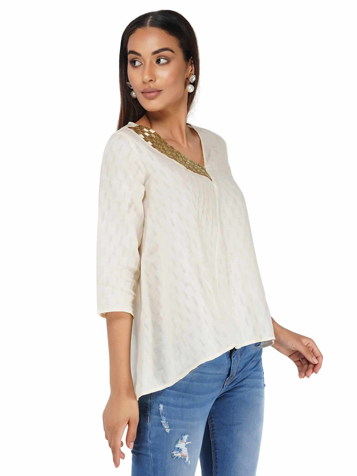 bugle beaded neck linen top
