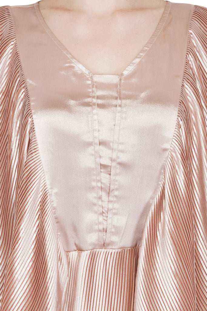 flutter sleeve pleated satin dress