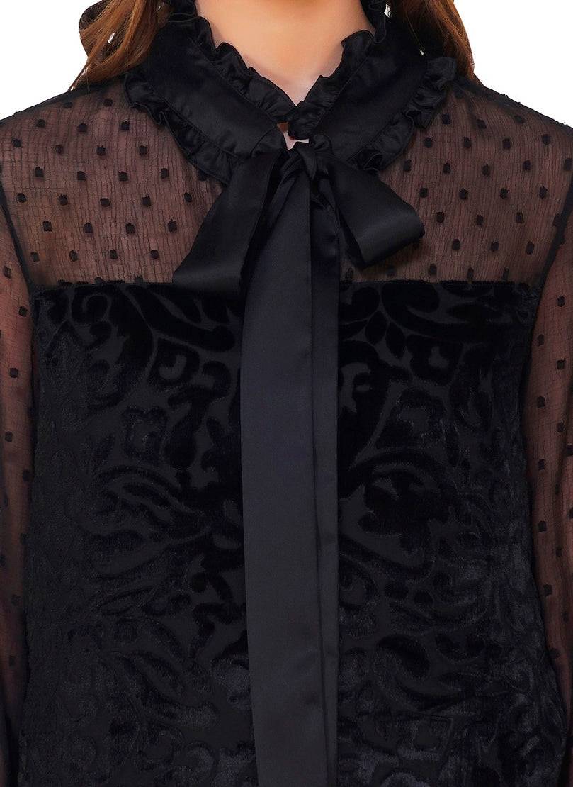 burnout velvet polka dot tulle pussy bow tie top