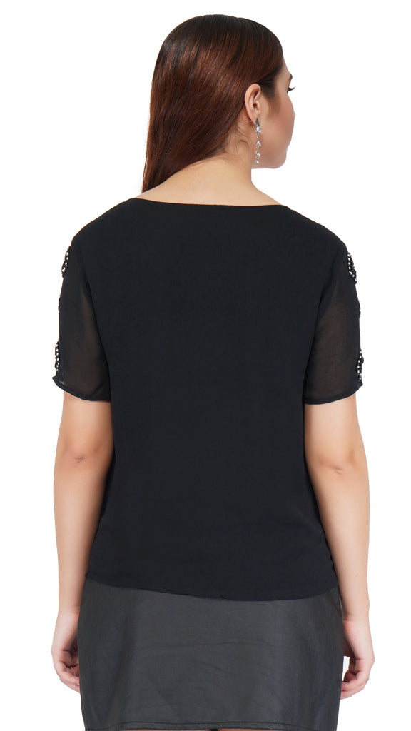 black half sleeve top with embroidery