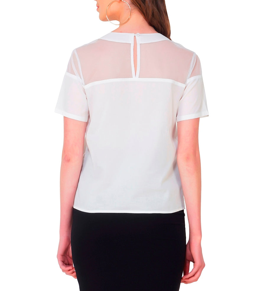 white tulle yoke and cotton top half sleeve with round neck