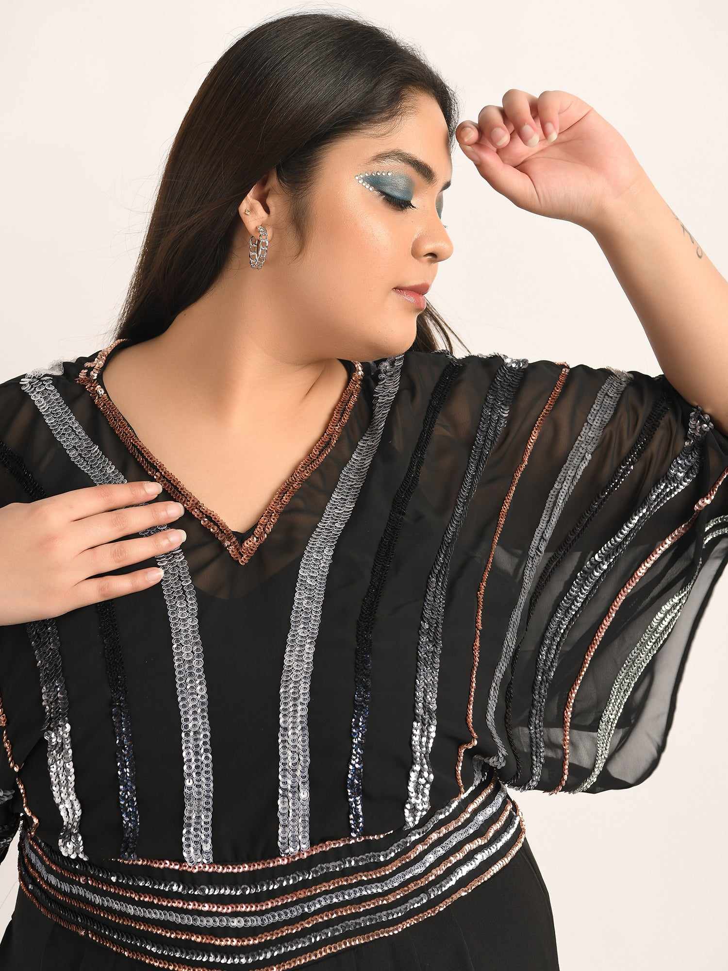 attic curves flutter sleeve rainbow sequin jumpsuit