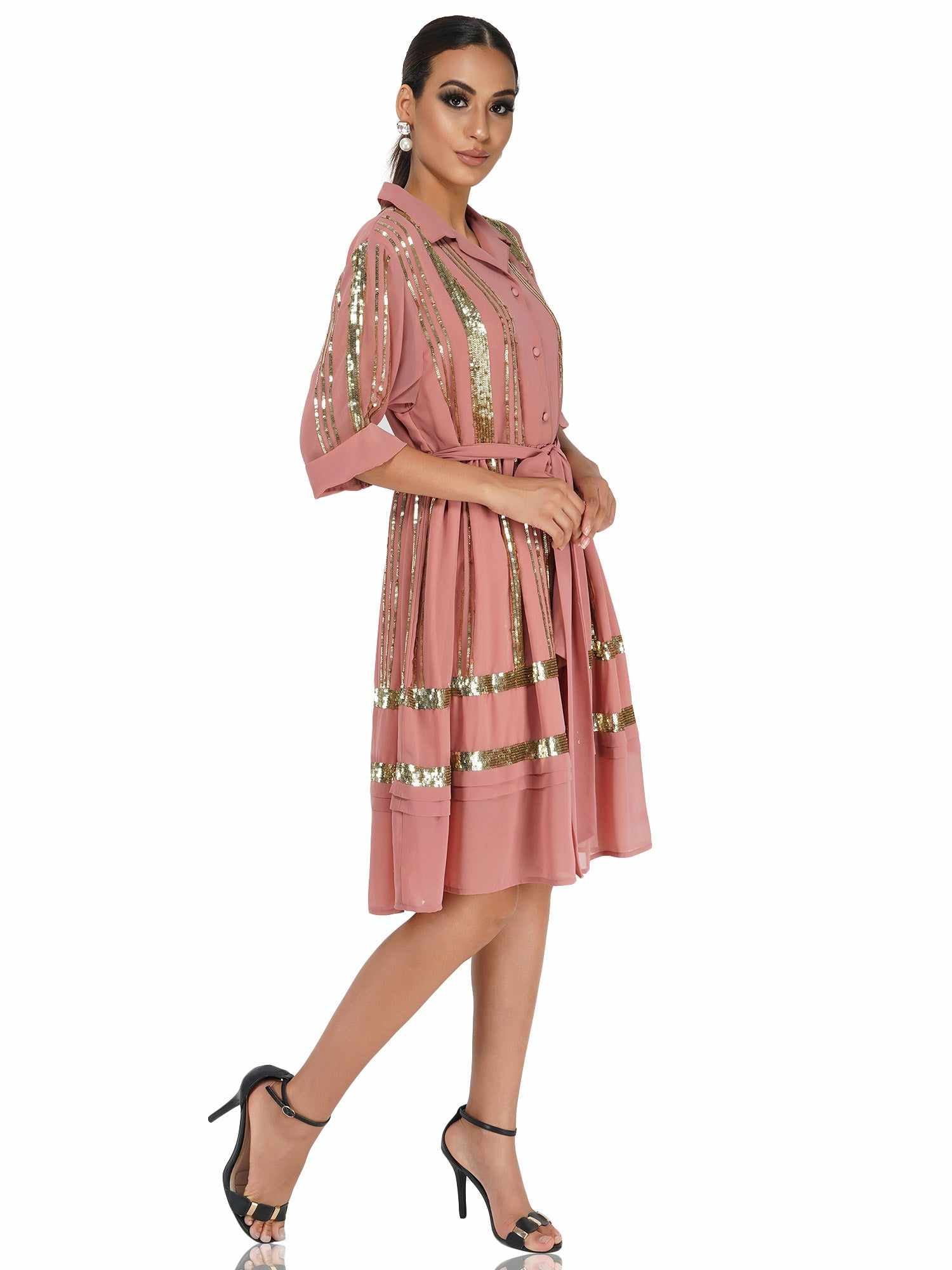 sequined mock shirt dress