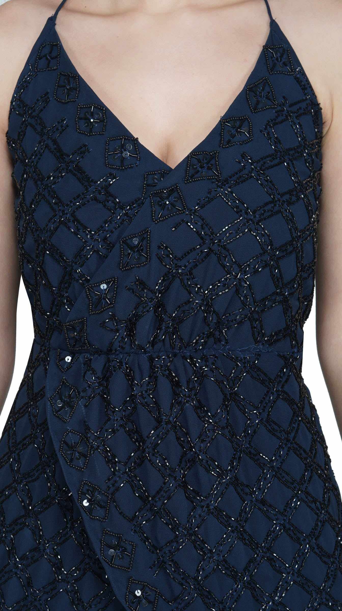 navy mock wrap dress with noodle straps