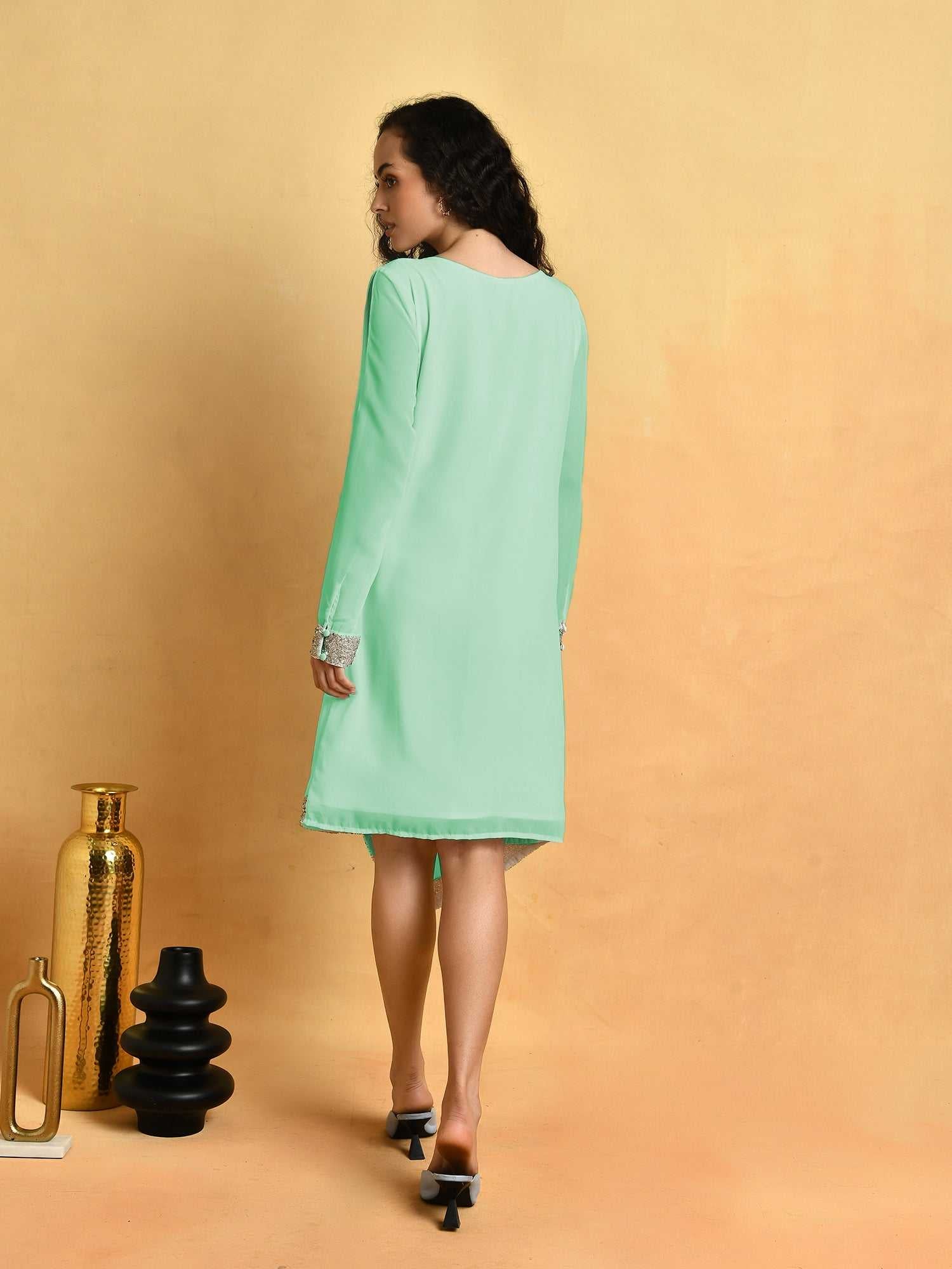 asymmetric hem cold green sleeve dress