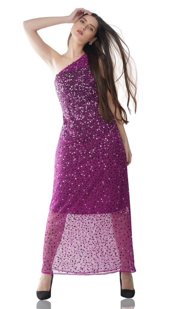 one shoulder sequin gown