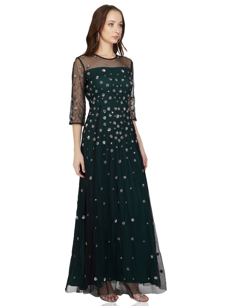 beaded tulle gown with green lining