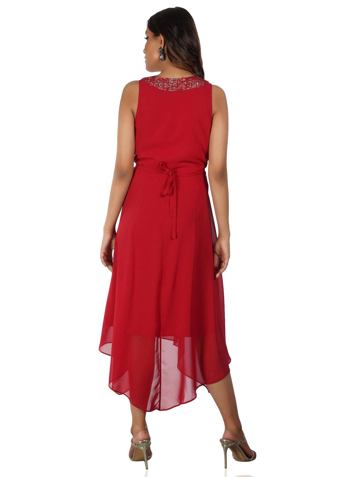 red silver sequins embellished dress