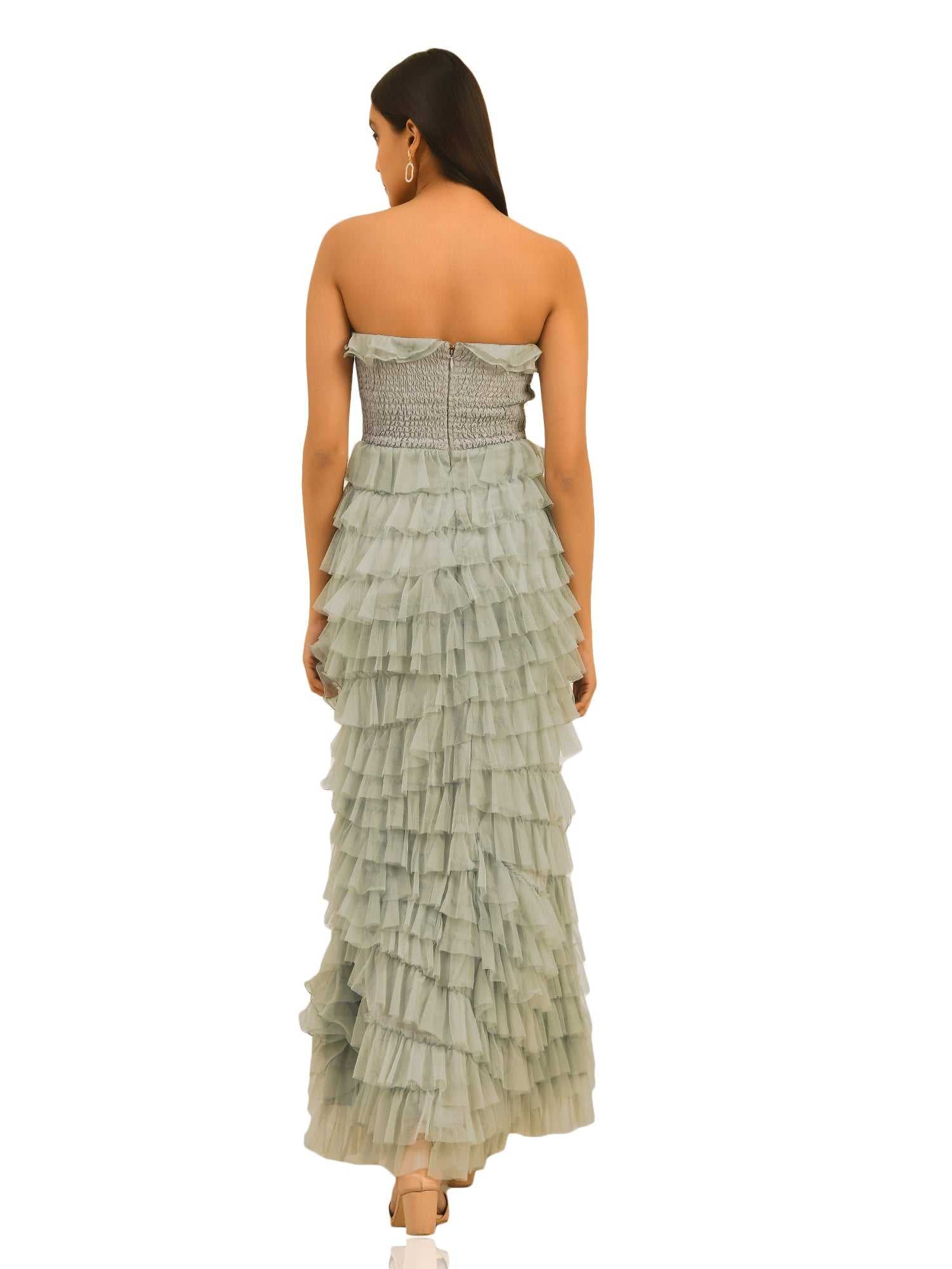 prom night ruffled grey gown
