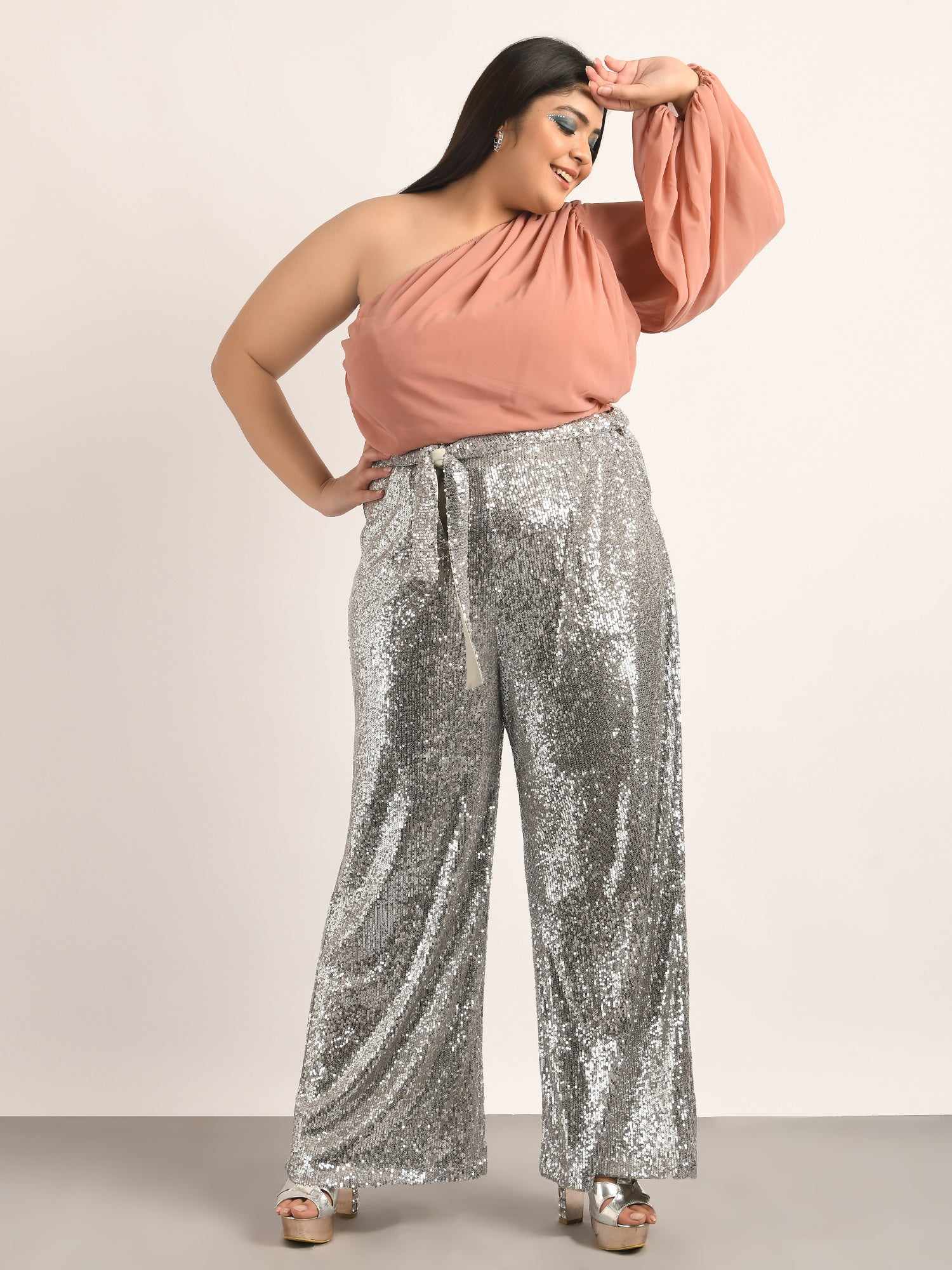 attic curves silver sequined tulle high rise pants