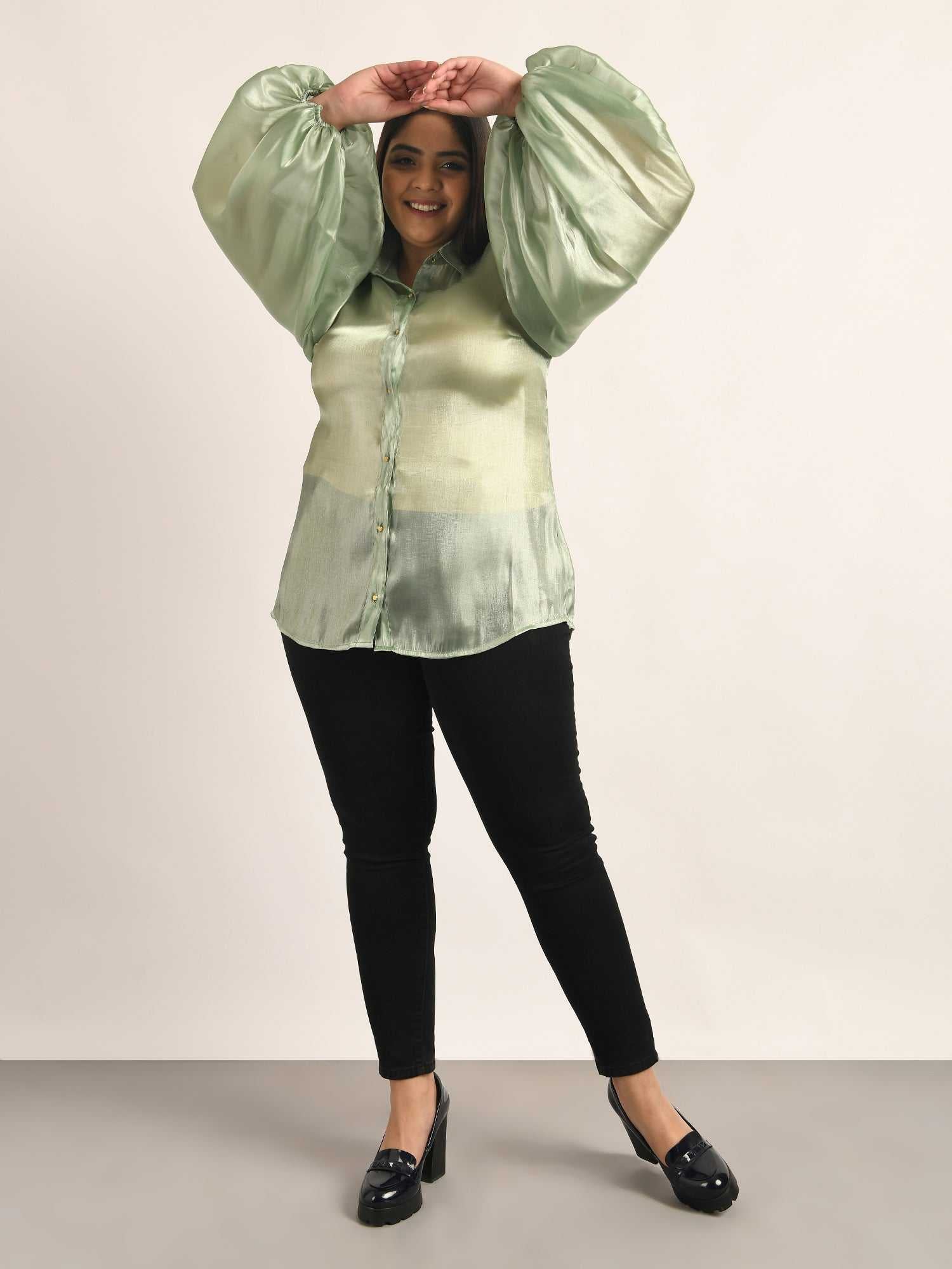 attic curves lime green billowy sleeved glass organza shirt