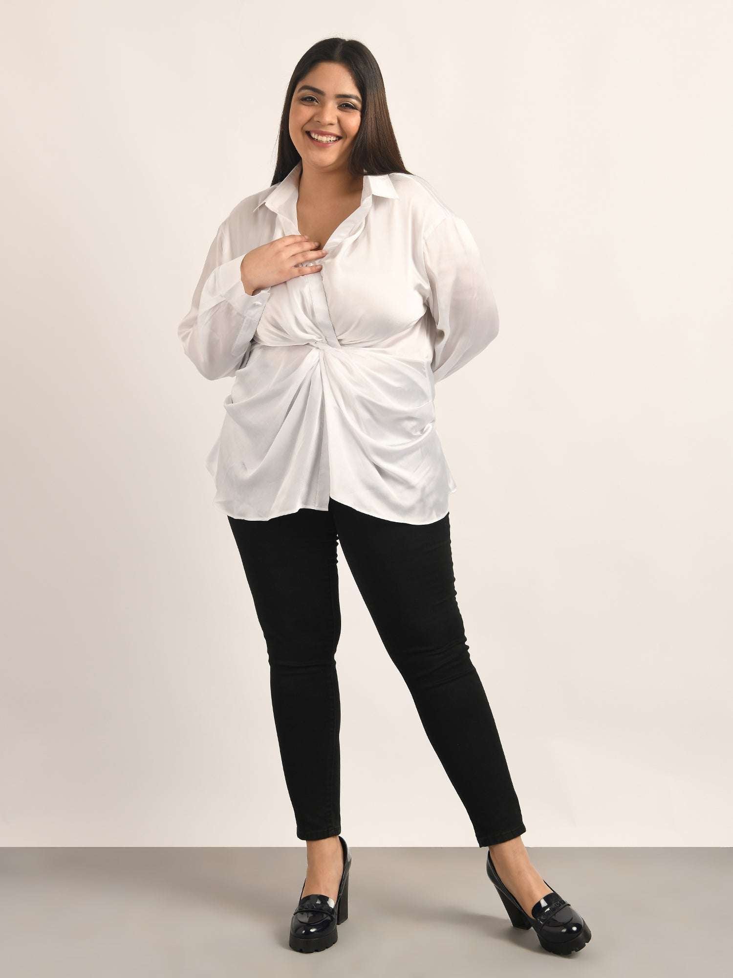 attic curves satin soft ruched shirt