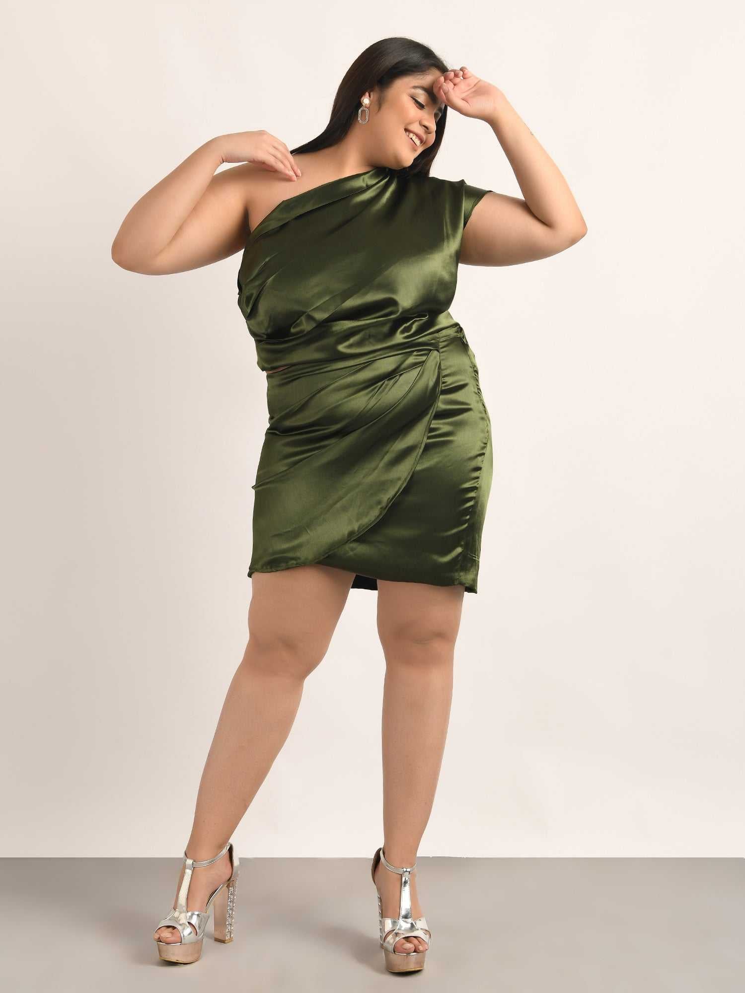 attic curves shiny satin olive green pleated wrap skirt