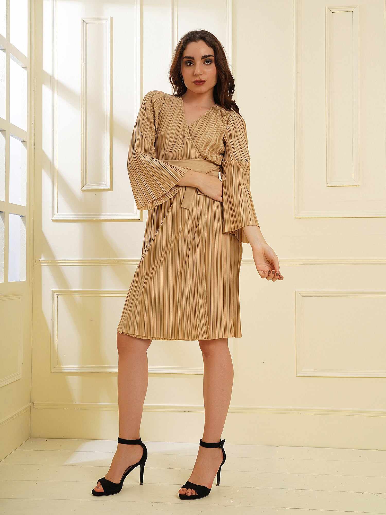 pleated beige wrap knit dress