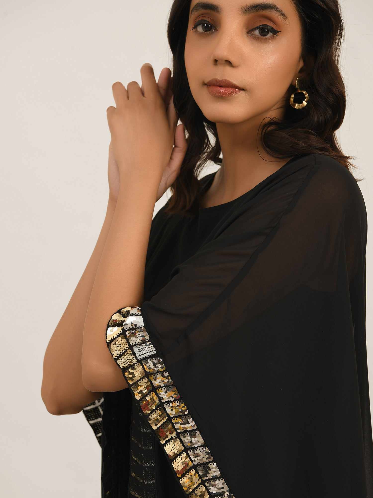 black dual tone sequins cape dress