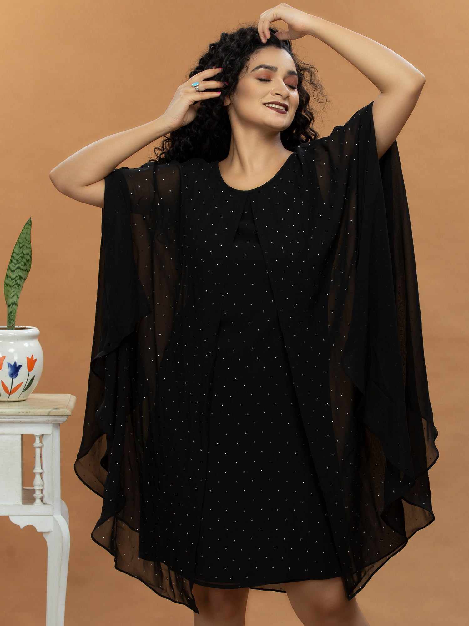 all over stud black dress