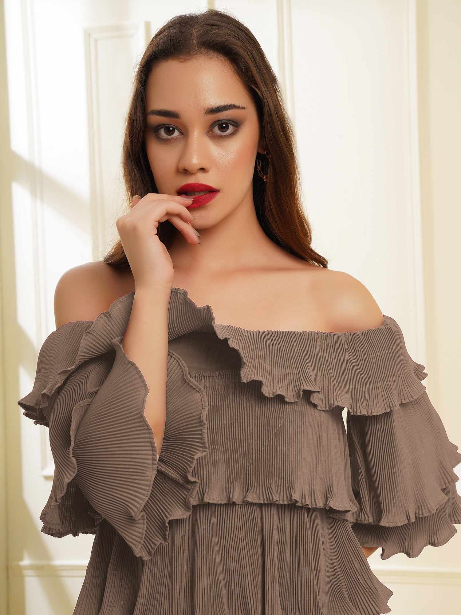 multi tier imaginative brown pleat dress