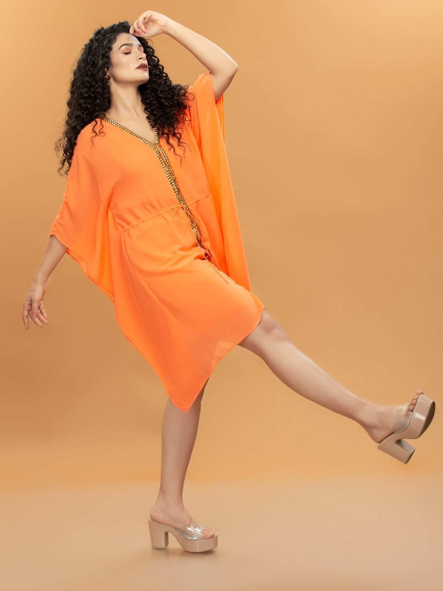 gold embroidered orange kaftan dress