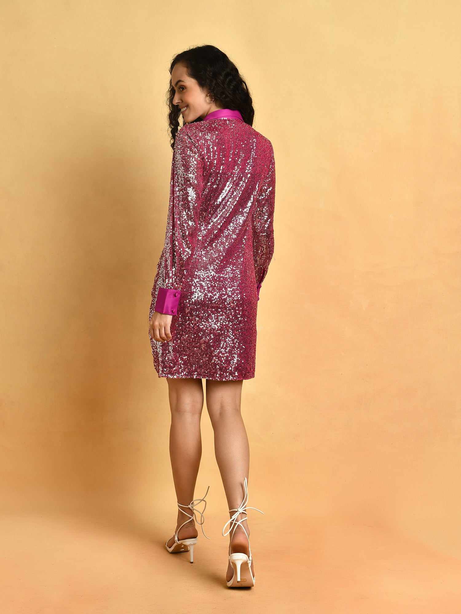 party calling glistening pink dress