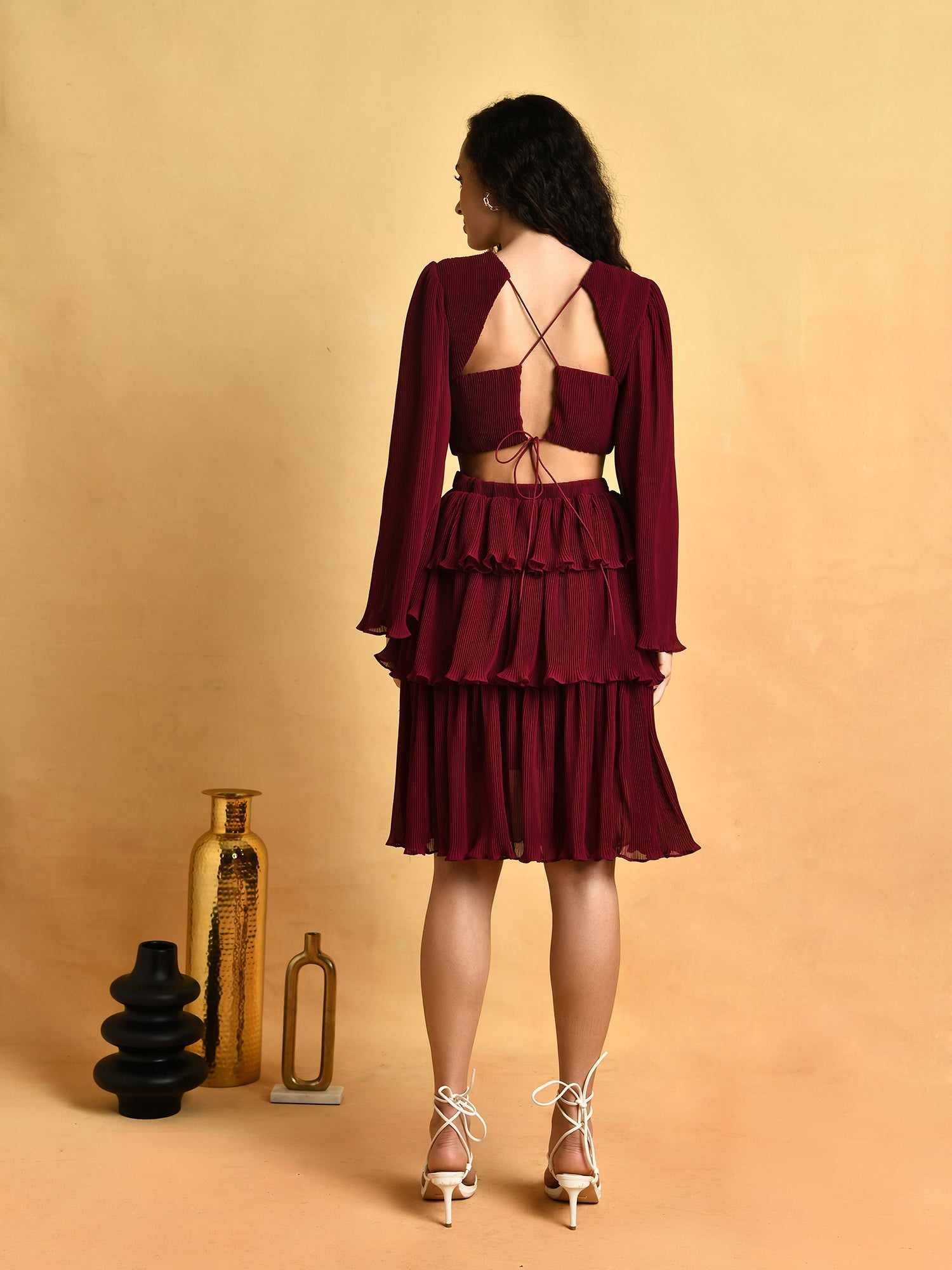 plum georgette pleated mini dress
