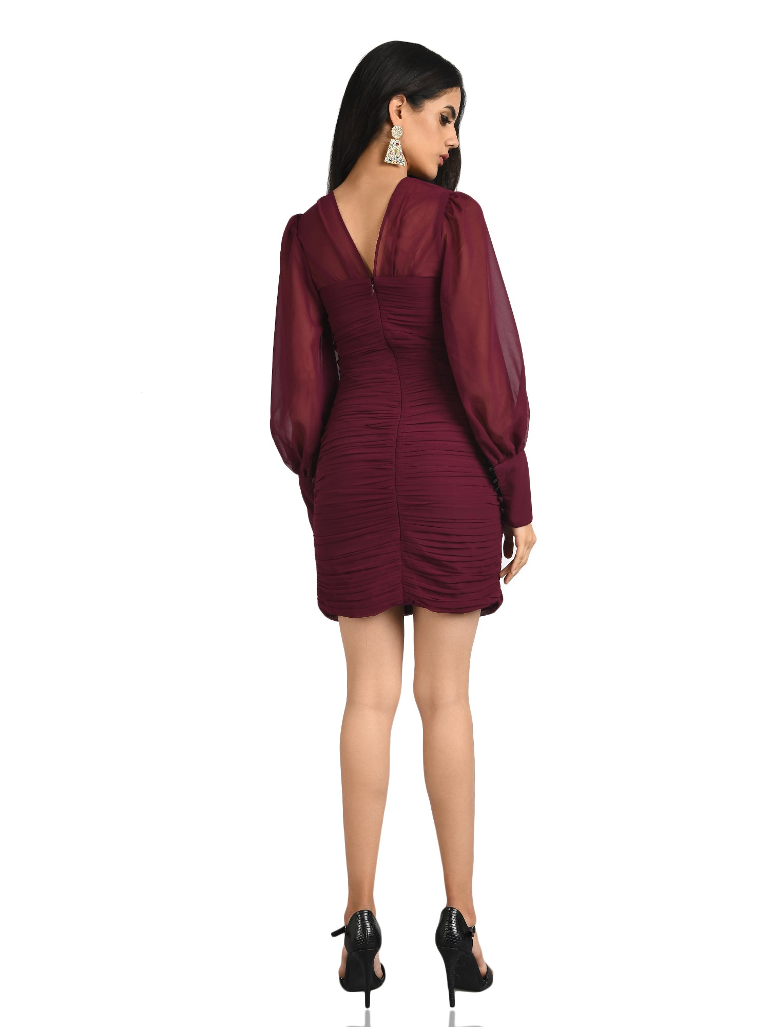 wine ruched mini dress
