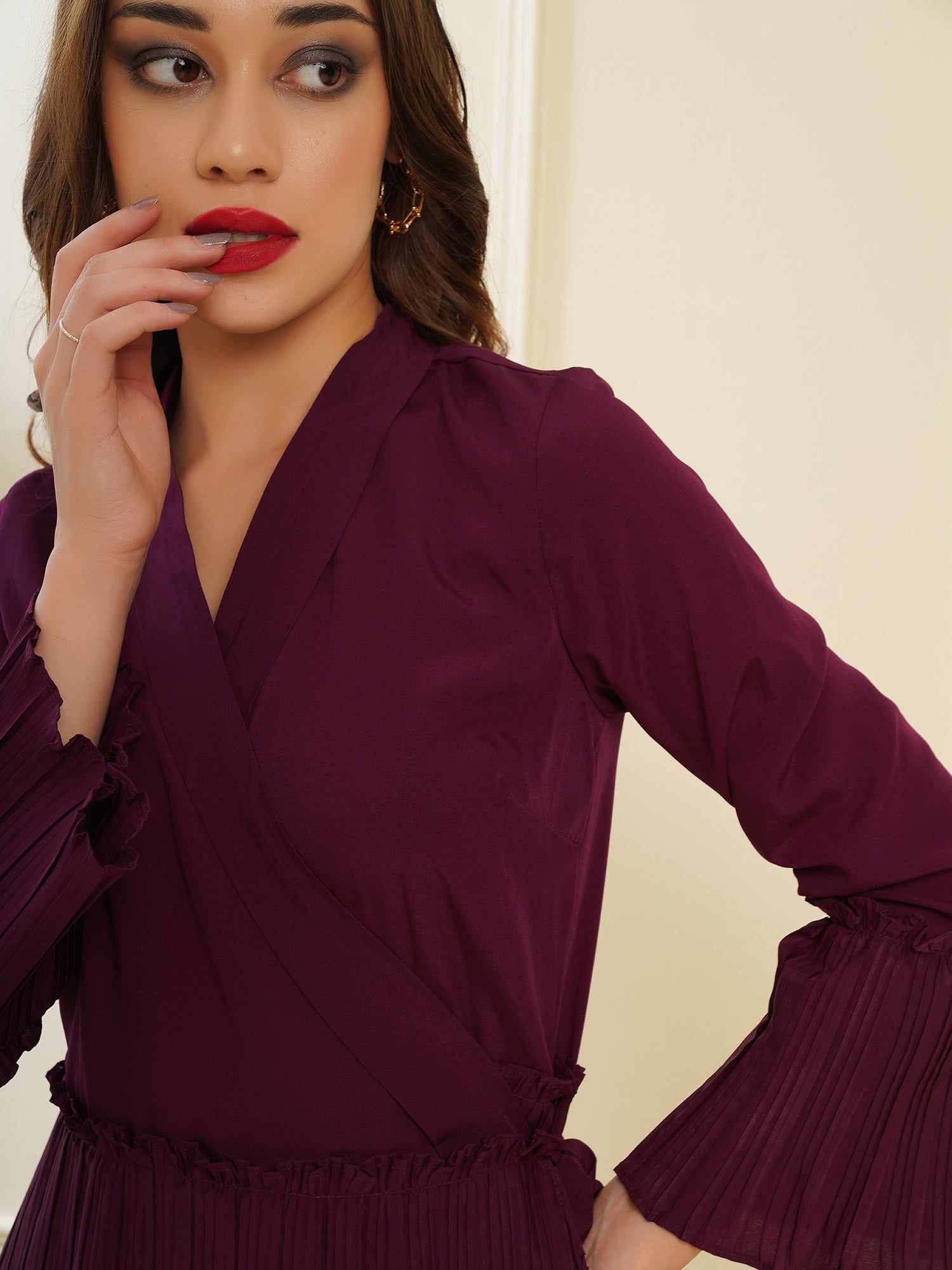 pleated wrap wine dress