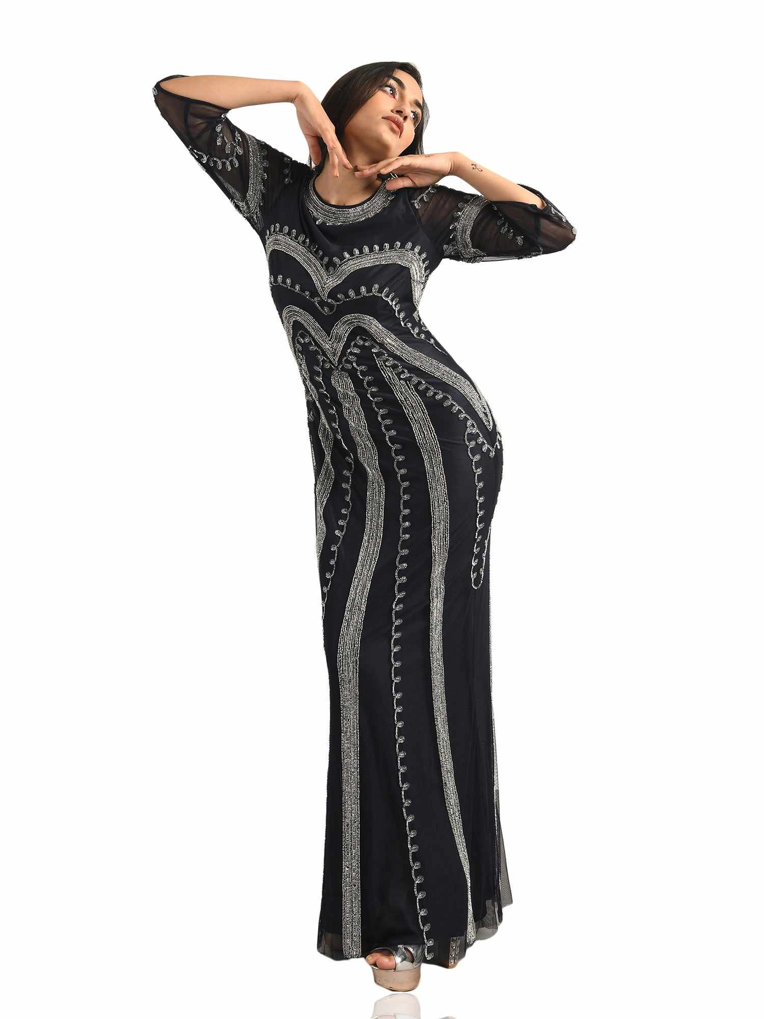 hand embellished navy gown