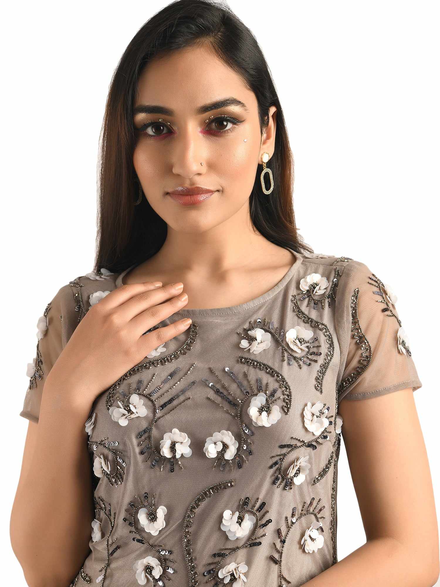 embellished short sleeve gown