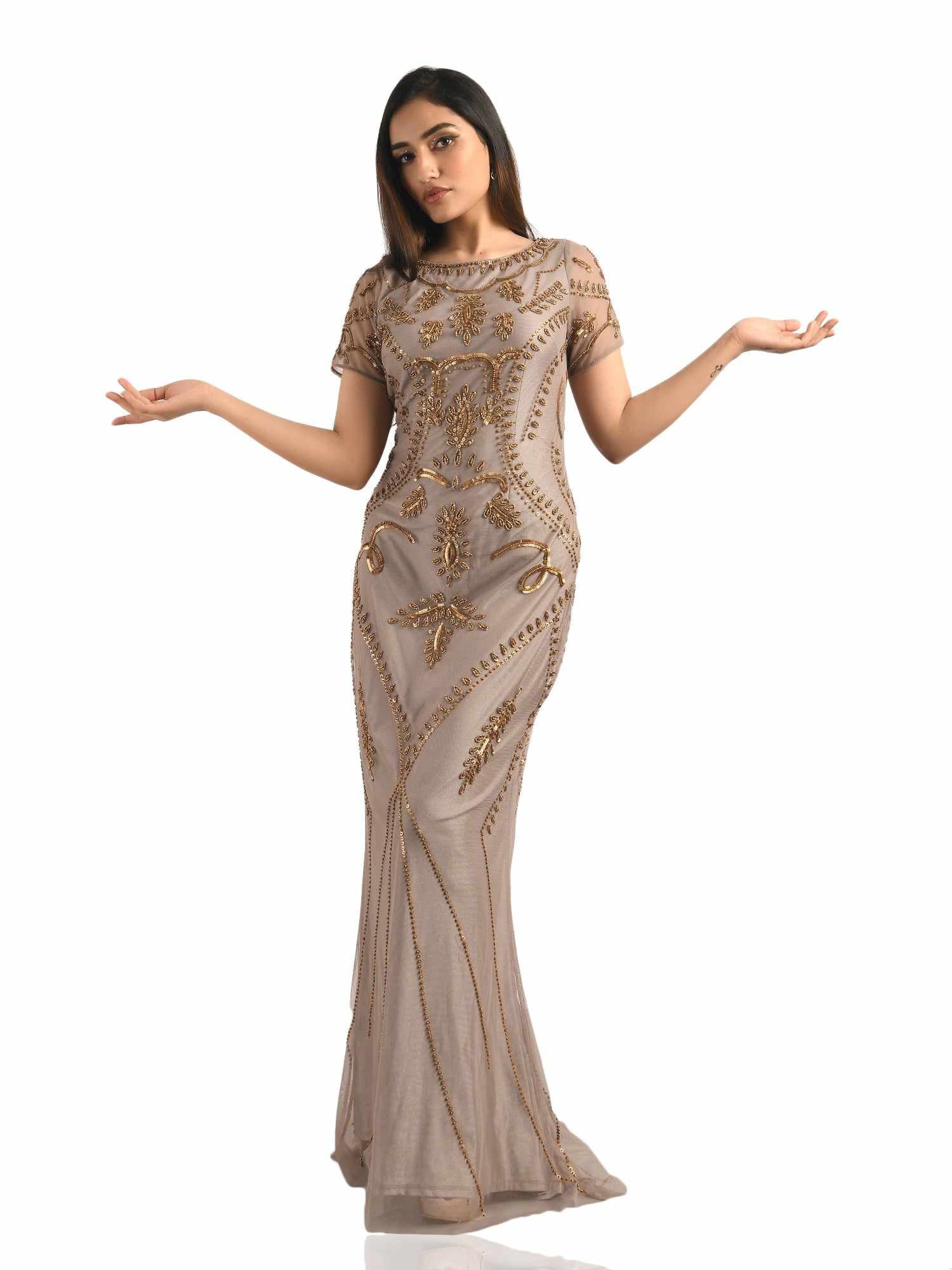 beige on gold embellished gown