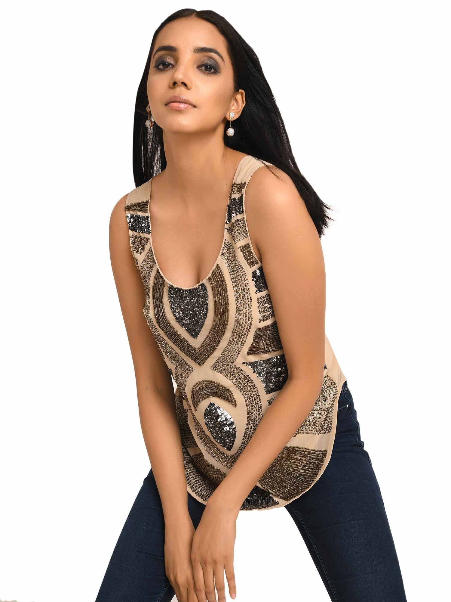 nude sleeveless abstract embroidery top