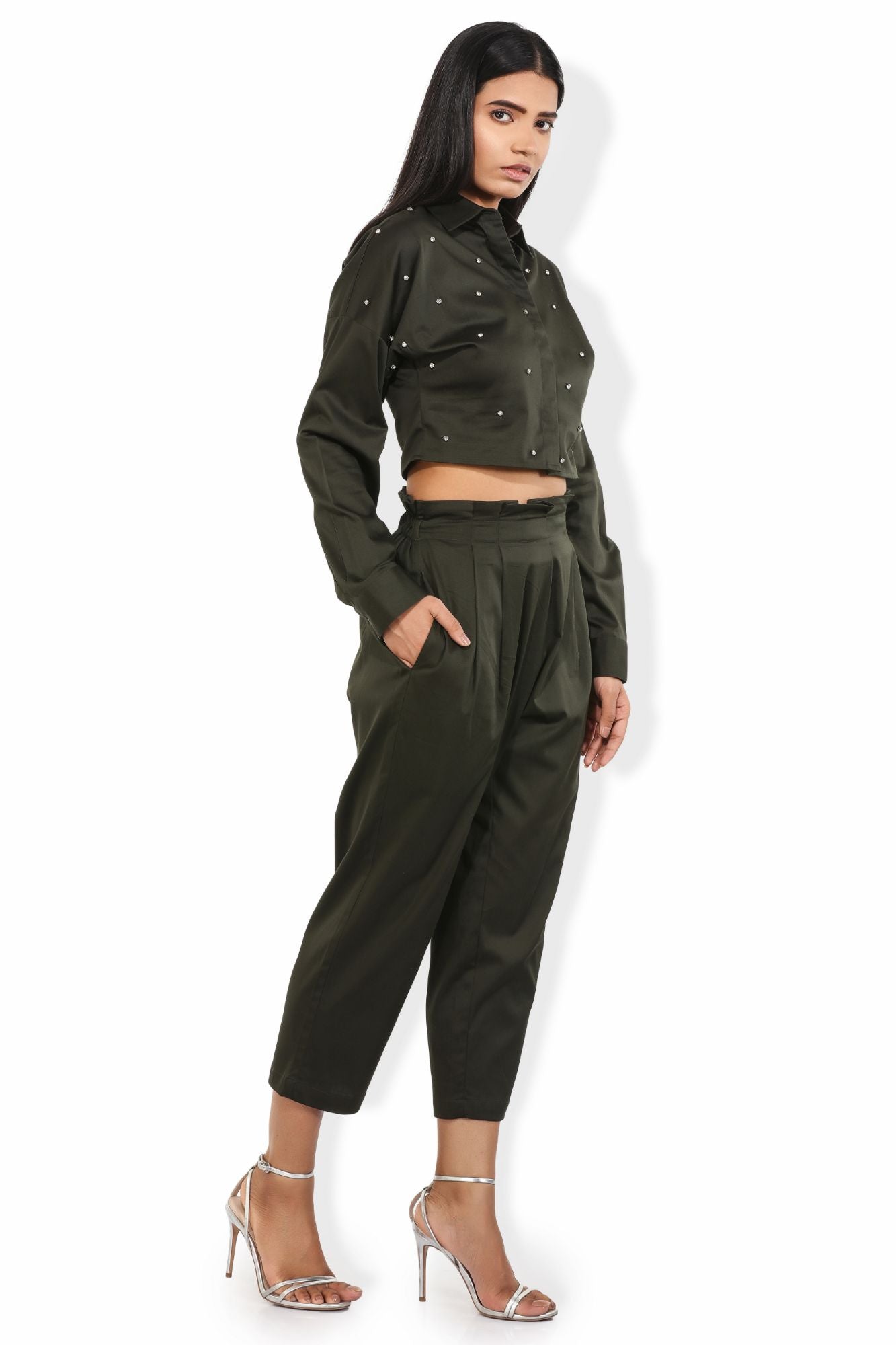 fern green pleated waistline cotton satin blend crop pants