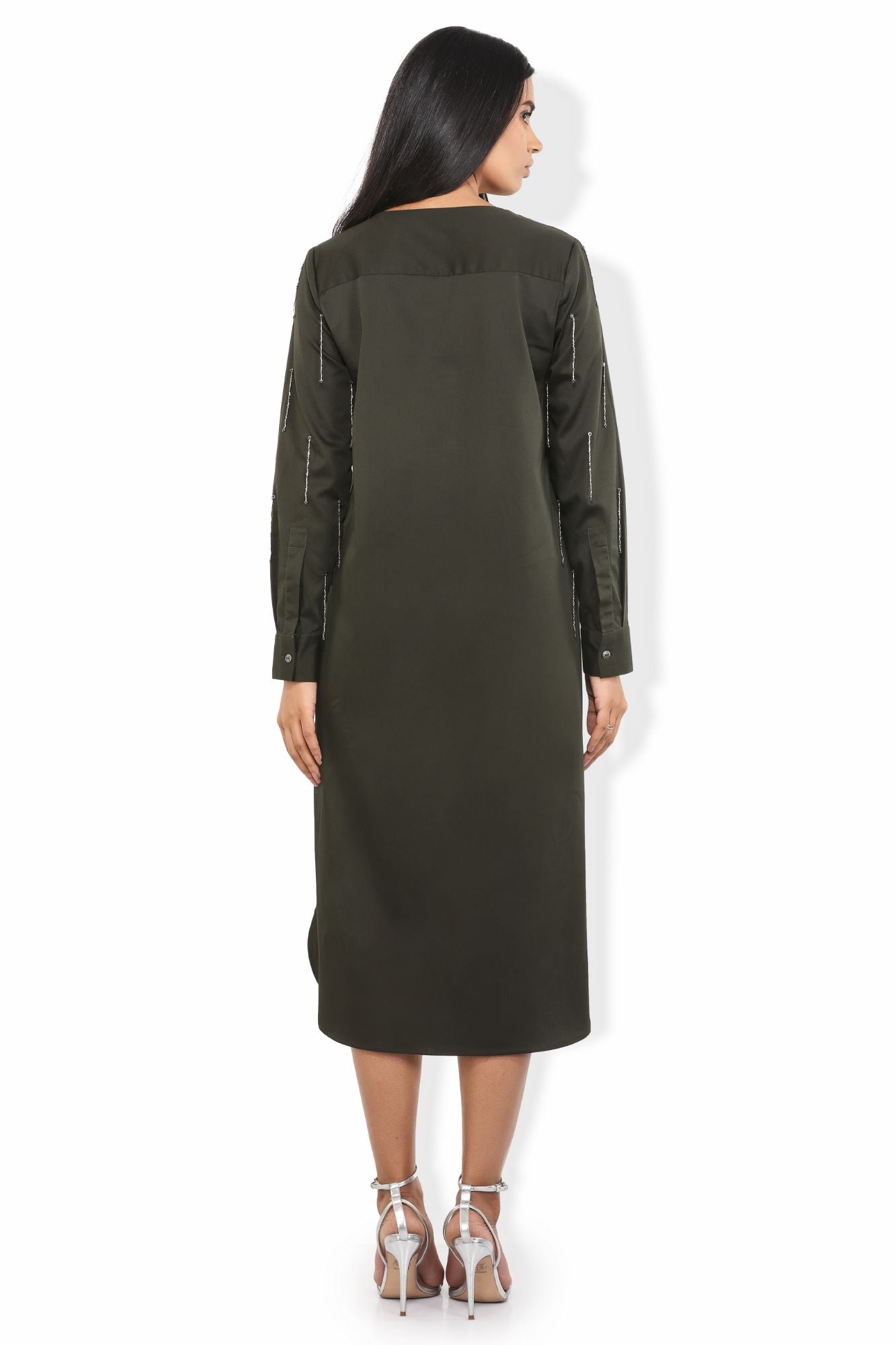 olivia fern green silver sequin tassels high low shirt dress