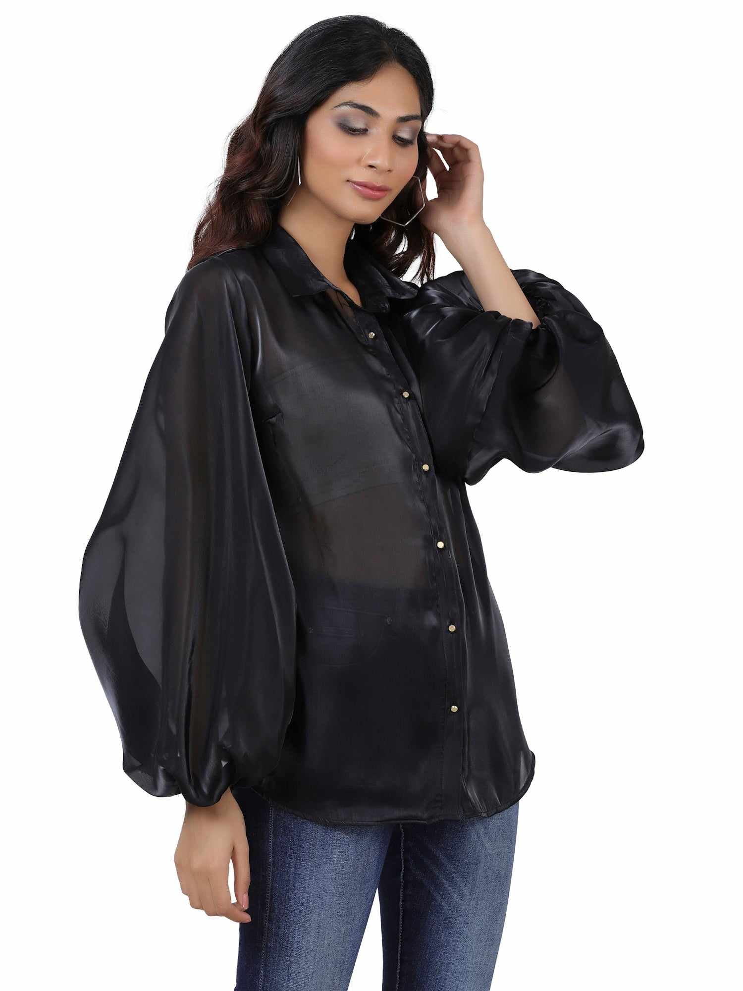 black billowy sleeved glass organza top